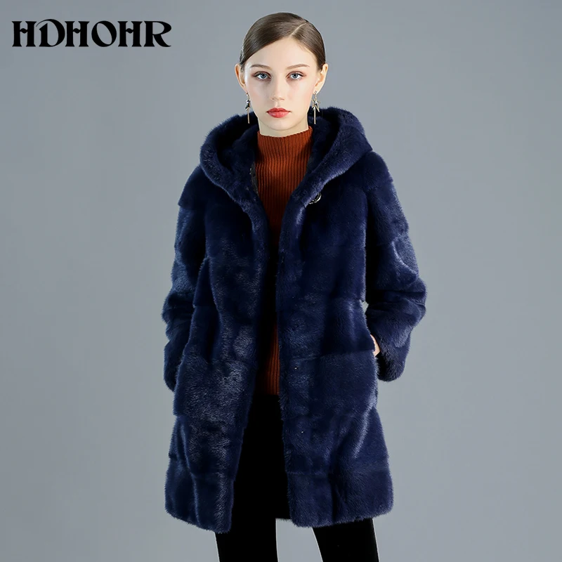 HDHOHR 2024 High Quality 100% Real Mink Fur Coat Women Natural Import Mink Coats With Hood Warm  Thick Mink Fur Jackets Winter