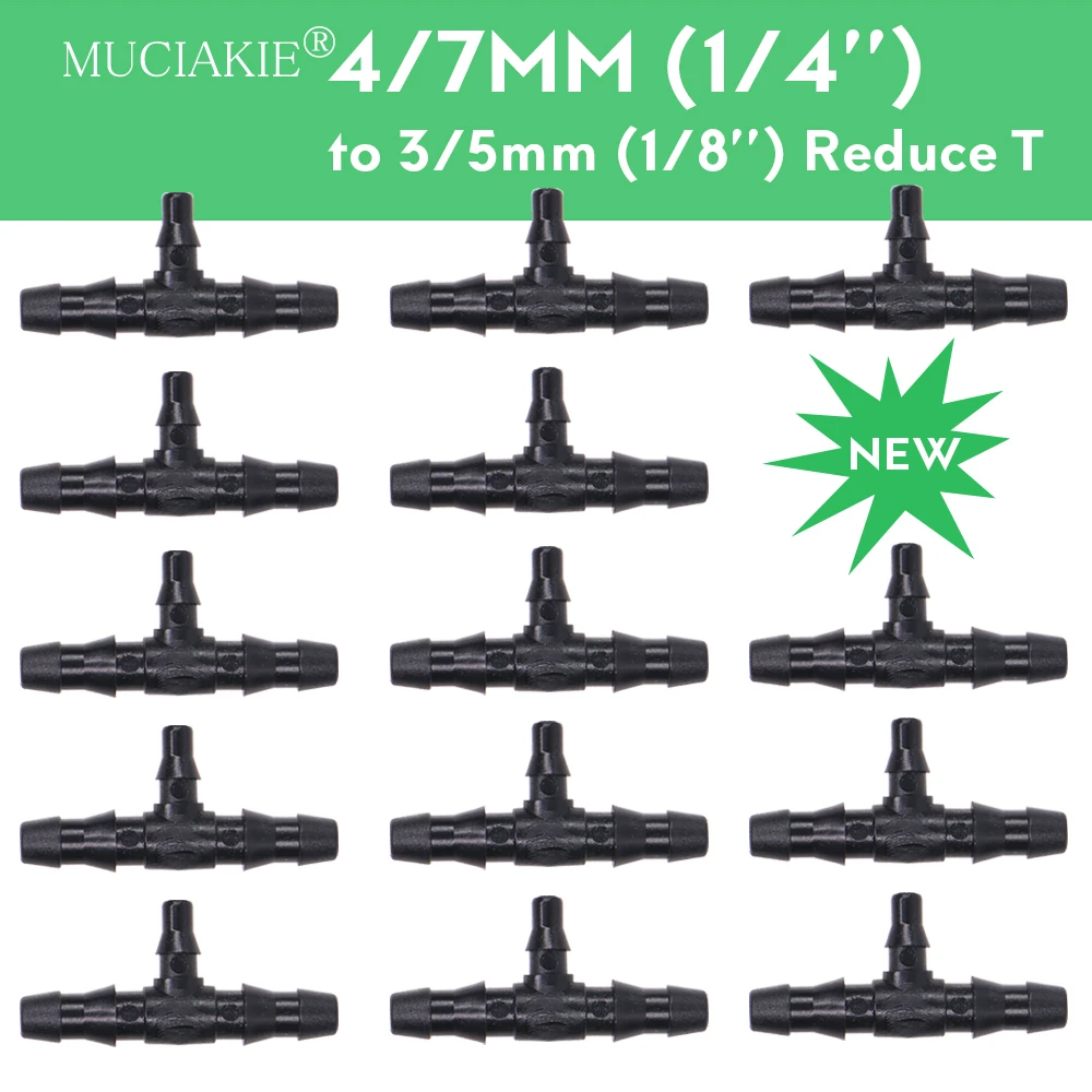 MUCIAKIE 30-1000PCS 4/7mm to 3/5mm Reduced Tee Connector Garden Irrigation 1/4'' 1/8'' Reducing Coupling Adapter for Micro Hose