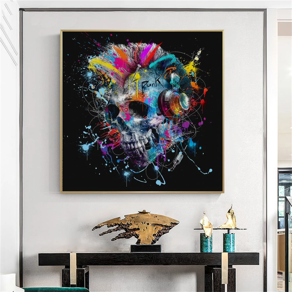 

Modern Graffiti Art Posters and Prints, Wall Art Canvas Painting, Abstract Skull with Headphones, Pictures for Living Room Decor