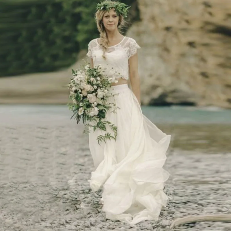 Nuovo Sexy O Collo Spiaggia Del Merletto 2 Pezzi Della Boemia 2018 Maniche Corte In Pizzo Abito Da Sposa Robe De Mariage Madre di il Abiti Da Sposa