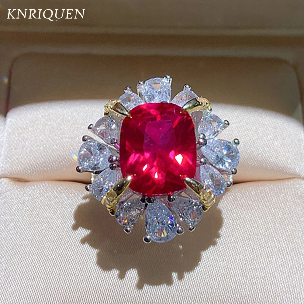 KNRIQUEN Wedding Party Rings for Women Luxury Ruby Gemstone High Carbon Diamond Engagement Ring Fine Jewelry Anniversary Gift