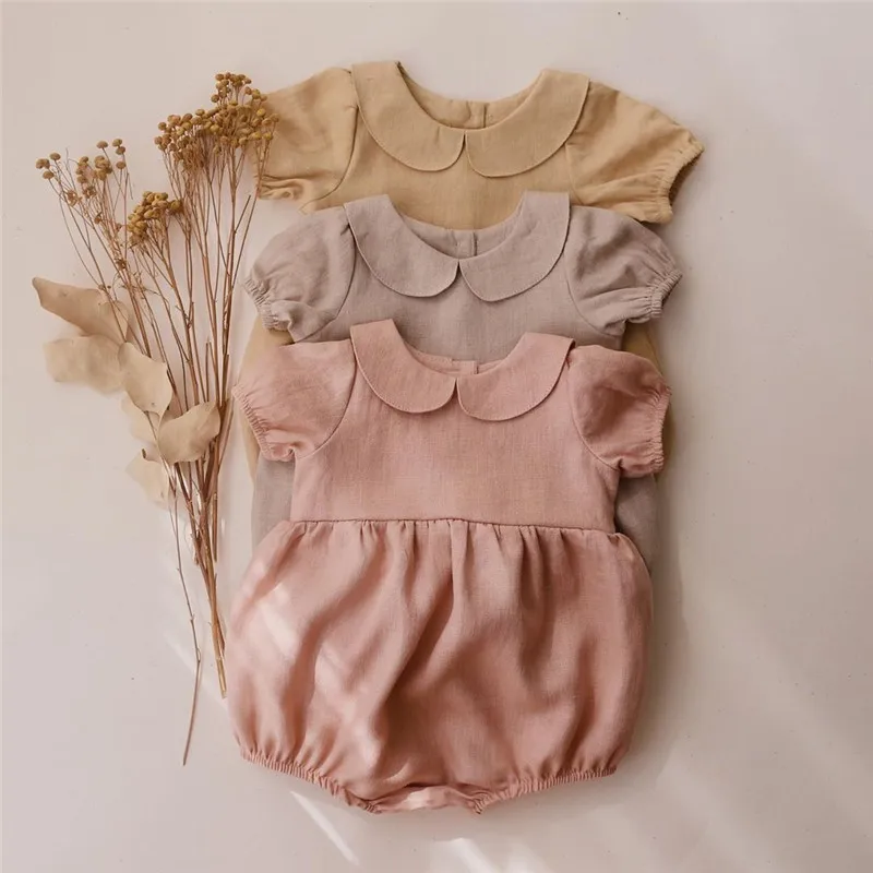 Cute Petal Collar Princess Girls Romper Cottom Linen Short Sleeve Newborn Baby Bodysuit for Toddler Pajamas Girls Clothing Set