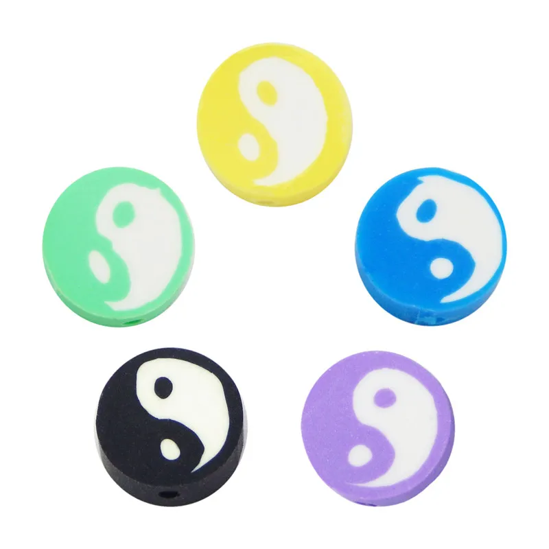 Julie Wang 50PCS 10mm Round Beads Polymer Clay Taoism Tai Chi Diagram Spacer Beads Bracelet Jewelry Making Accessory