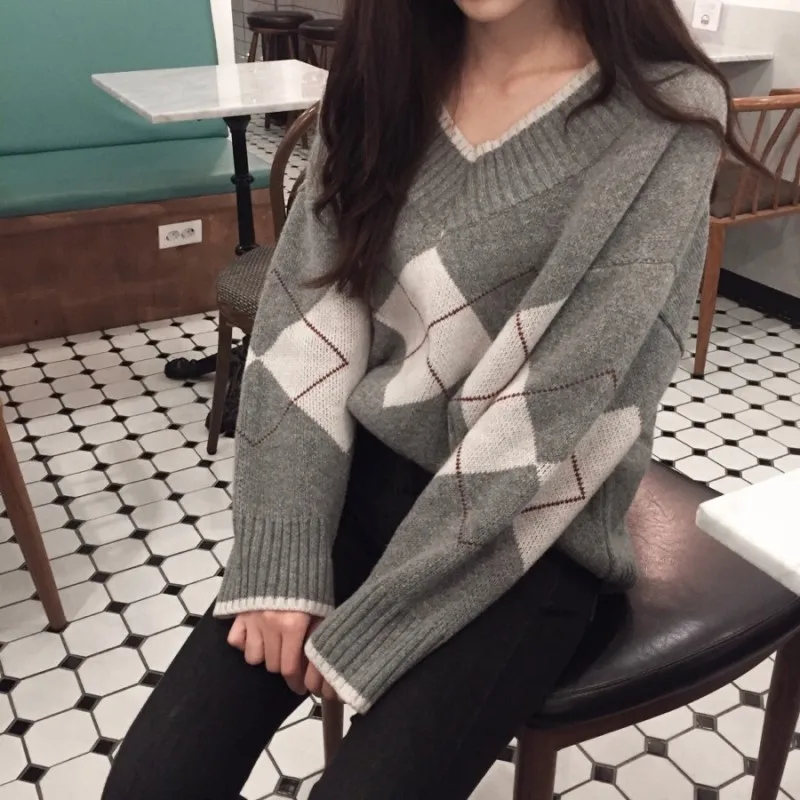 Loose V-neck Sweater for Woman Vintage Argyle Chic Pullover Spring Autumn Ghost Horse Girl Long Sleeve Pull Femme