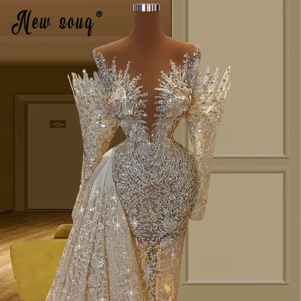 Luxury Beading Illusion Evening Dress White Pearls Mermaid Prom Gown Middle East African Celebrity Dresses Wedding Dress