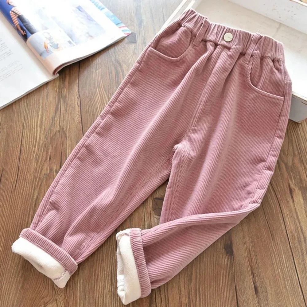 4-14 Years Kids Winter Corduroy Fleece Pants For Girls Solid Casual Sweatpants Soft Warm Children\'s Clothing Thick Trousers