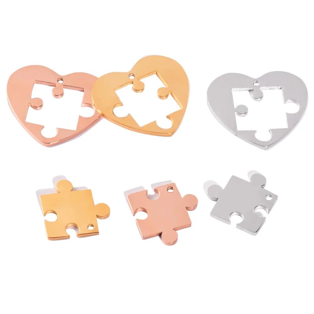 5Sets Stainless Steel Heart Blank Puzzles Tags Pendant DIY Jigsaw Charms Mirror Polished Necklace Jewelry Wholesale