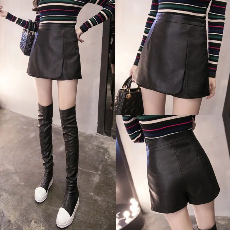 2020 Korean version of fake two-piece hakama autumn and winter pu leather  short outer wear DK516