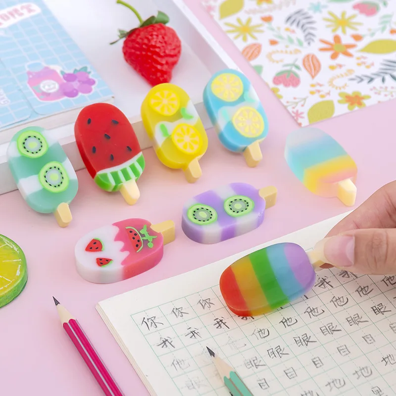 1 set Colorful Summer Ice Cream Fruits Rubber Eraser Kawaii Erasers School Supplies Stationery For Kids Students Cool Prizes