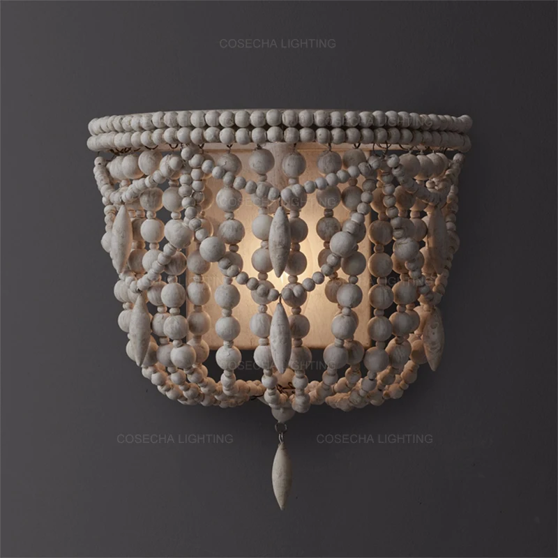 Vintage white wooden beads wall lamp french american anqitue wooden wall sconce in bedroom farmhouse hallway corridor babys room