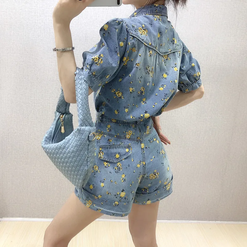 BLLOCUE Summer Flower Print Denim Casual Suit Women Puff Sleeve Single-breasted Shirt Top+High Waist Wide Legs Shorts 2Piece Set