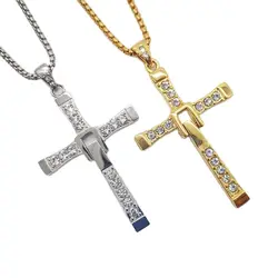 Mens Cool Fast and Furious Dominic Toretto Cross Necklace Pendant Silver Gold Color Titanium Steel Cross Necklace Men jewelry