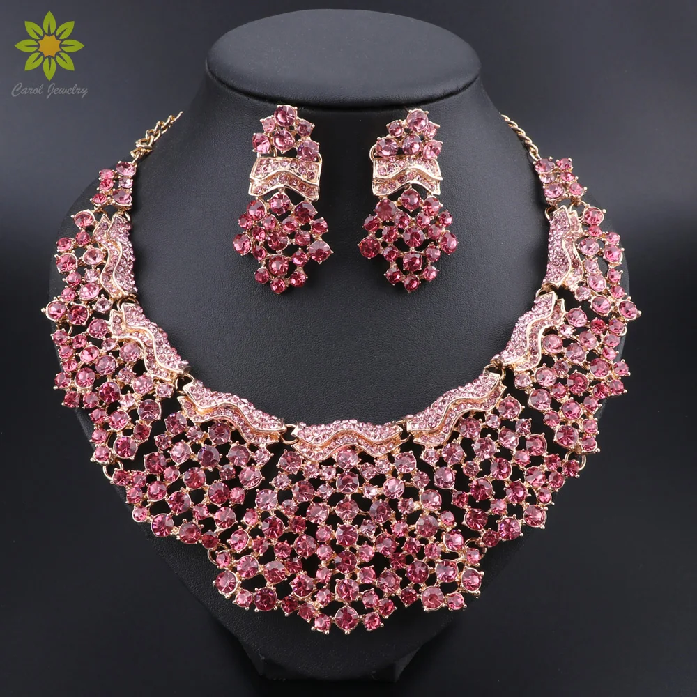 Fashion Pink Crystal Bridal Jewelry Sets Wedding Party Costume Jewellery Indian Necklace Earrings Sets For Brides Women