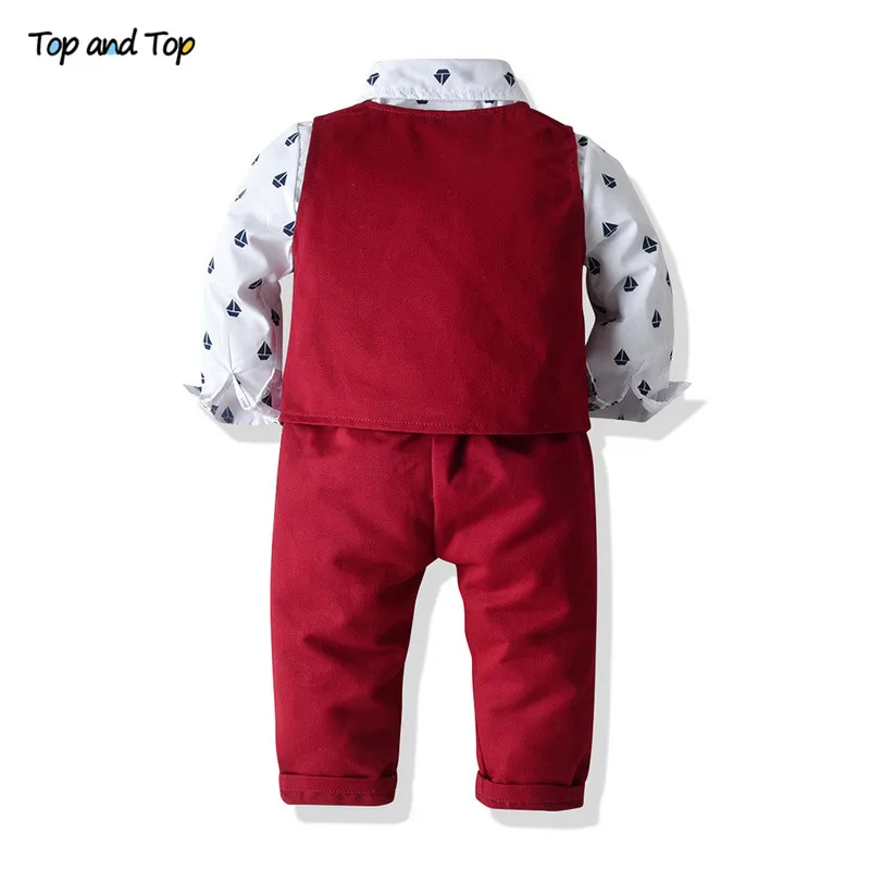 Top e Top ragazzi Gentleman Set di abbigliamento camicia a maniche lunghe in cotone papillon + gilet + pantaloni 3 pezzi abito bambini ragazzo Set