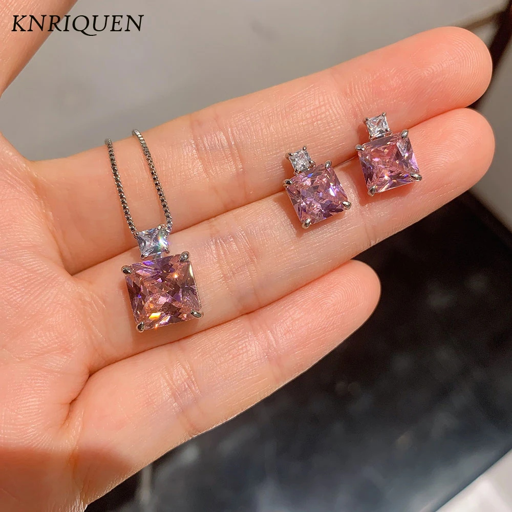 

Romantic Rose Quartz Earrings Pendant Necklace Vintage Gemstone Lab Diamonds Wedding Fine Jewelry Sets for Women Birthday Gift