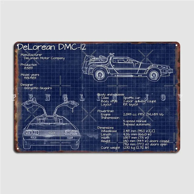 Back To The Future Delorean Blueprints Metal Sign Painting Décor Designing Club Bar Wall Cave Tin Sign Posters