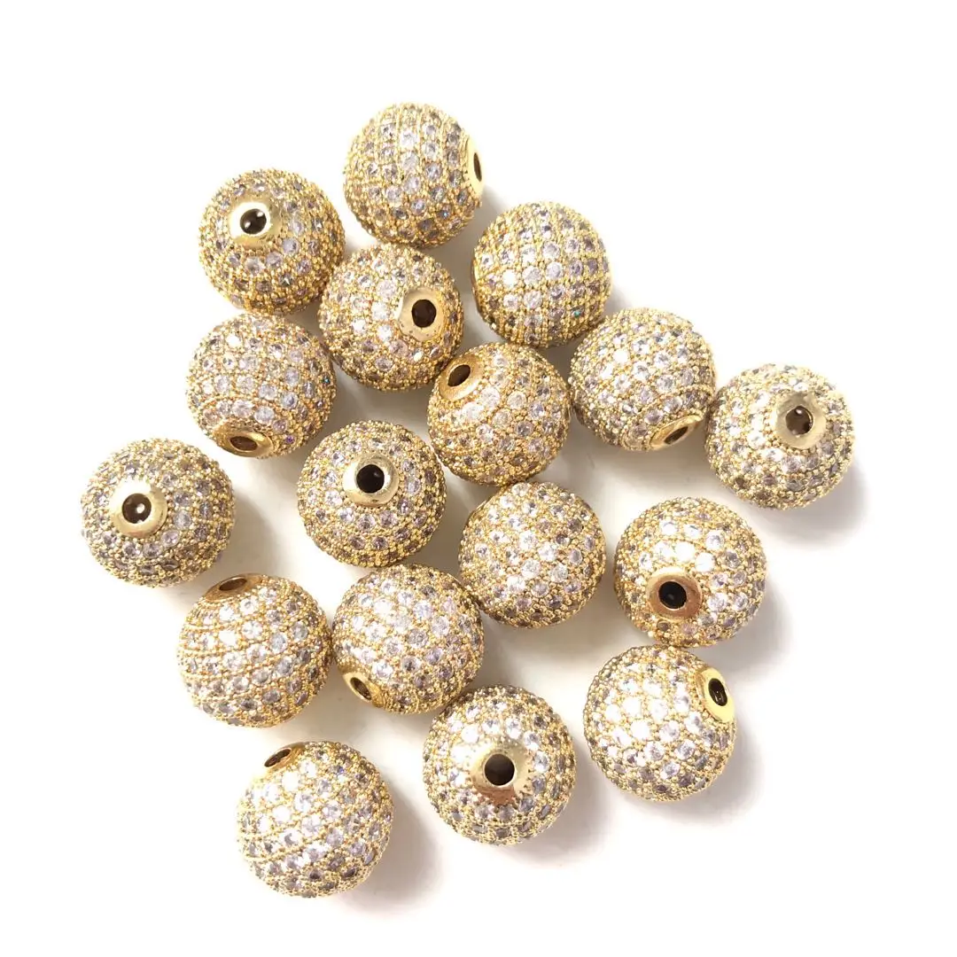 10pcs/Lot 12mm Clear Disco Ball Spacers Beads for Women Bracelet Making Bling Zirconia Paved Accessory Gold-Plated Waist Jewelry