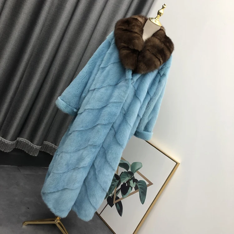 

2020 luxury long custom large size factory real price genuine mink leather coat with fox fur collar women's mink fur coat winter