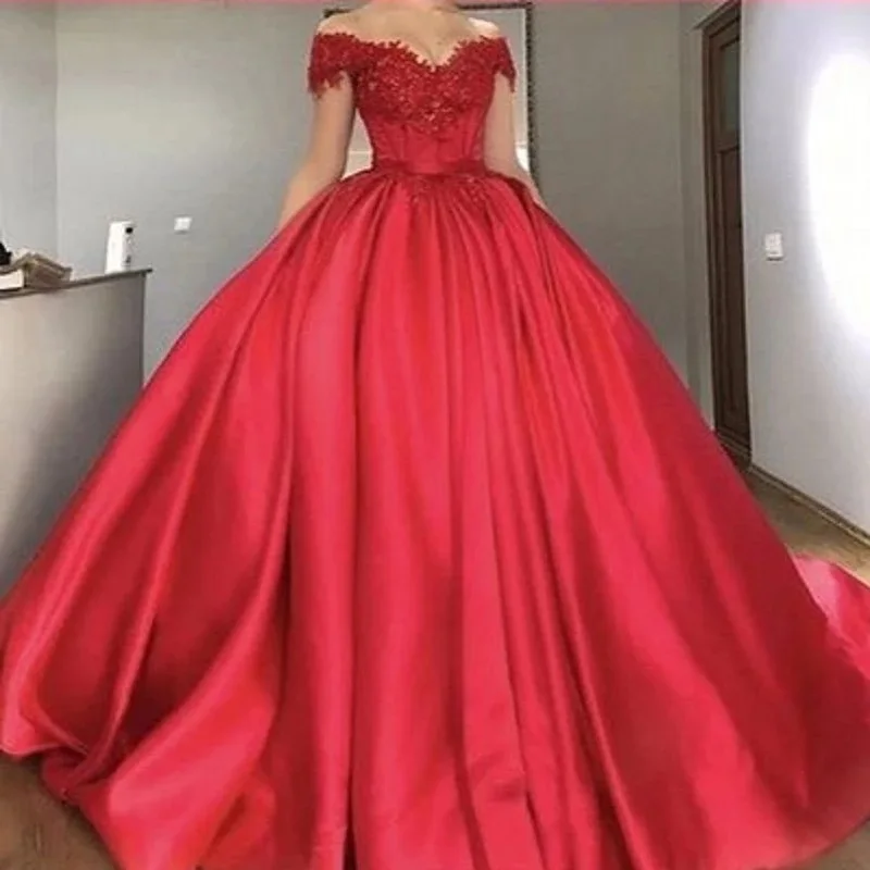 customized Red Ball Gown V Neck Prom Dresses Off Shoulder Lace Appliques Beaded Satin Corset Lace Up Plus size Evening Dresses