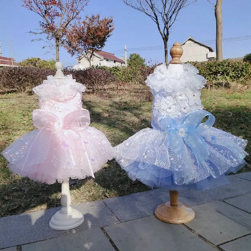 Lovely Pet Puppy Dog Luxury Princess Dress Light Blue Pink Fashion Sequin Bowknot Wedding Tutu Dresses For Small Dog Pet Clothes