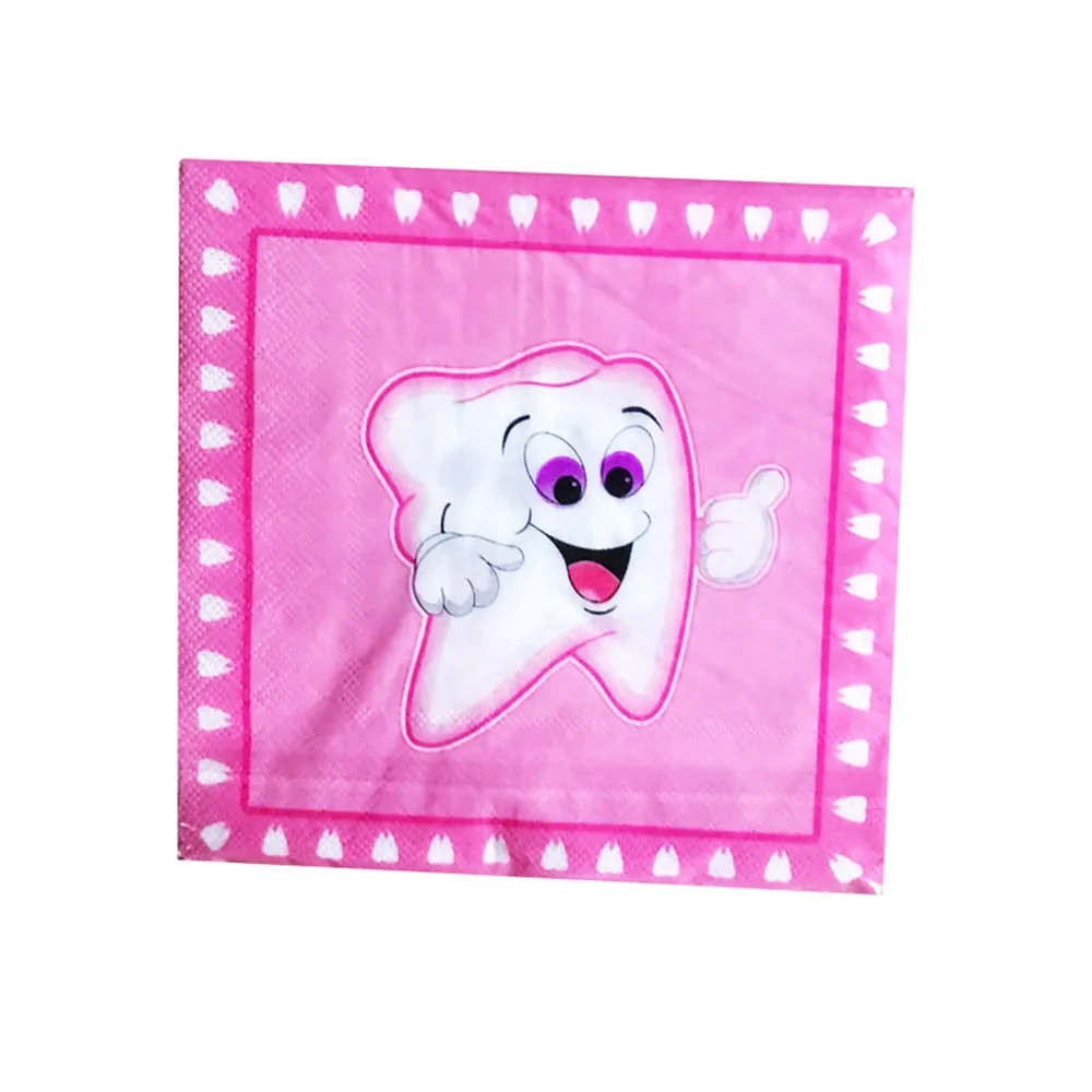 Pink Teeth Theme Disposable Tableware Girl\'s First Tooth Birthday Party Decorations Disposable Plates Napkins Cups Banners