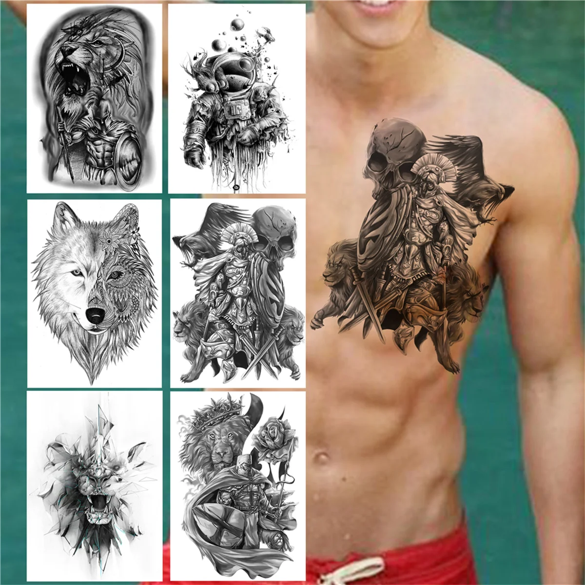 Demon Warrior Temporary Tattoos For Men Women Adult Kids Realistic Fake Wolf Lion Tattoo Sticker Black Astronaut Tatoos Large