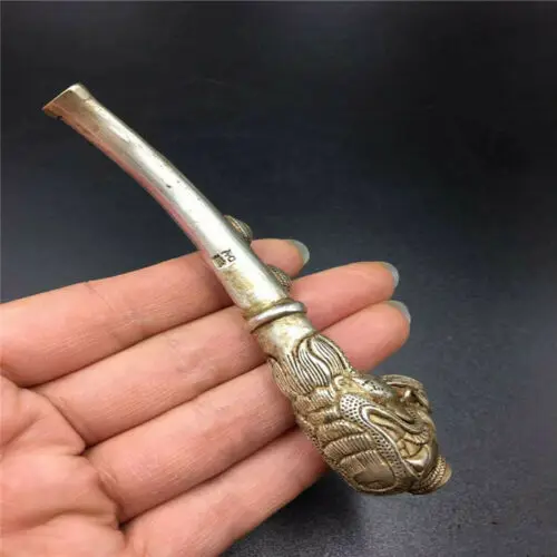 Antique Chinese Copper Bronze Smoking Pipe with Jade Inlay Featuring Dragon & Phoenix Artisanal Collectible Decorative Piece