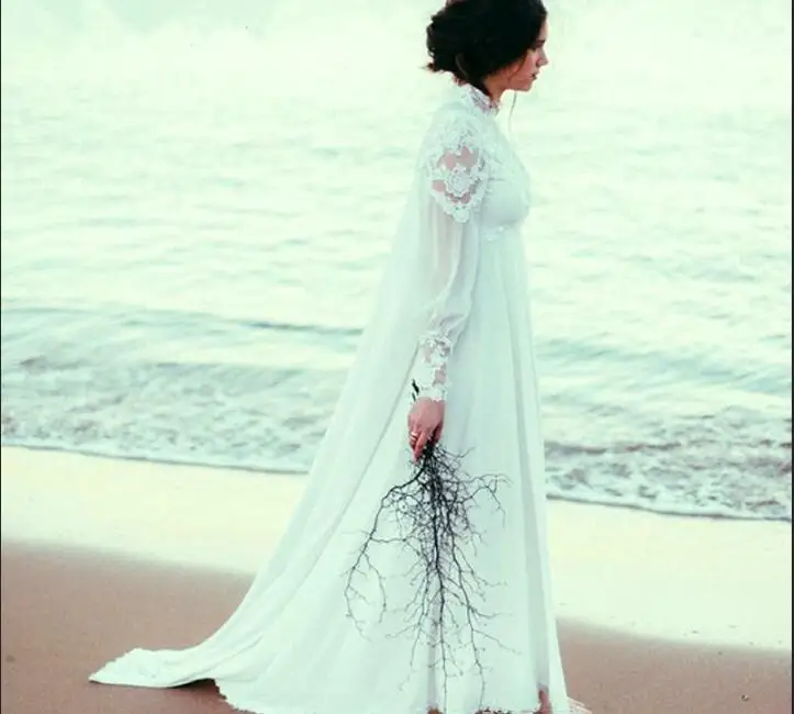 Robe de mariée personnalisée en mousseline de soie, col haut, manches longues, dentelle appliquée, taille Empire, maternité, 2021