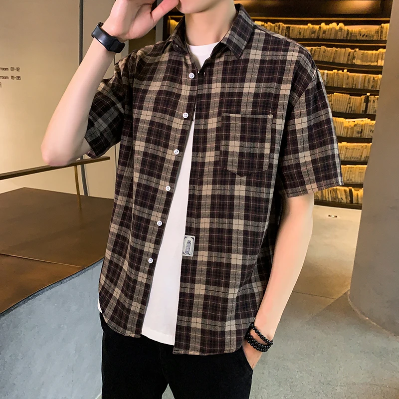 Branded Men\'s clothing Plaid Shirt 2021 New Spring Summer Men Casual Shirts Short Sleeve  Male Check Shirts for men Korean Shirt