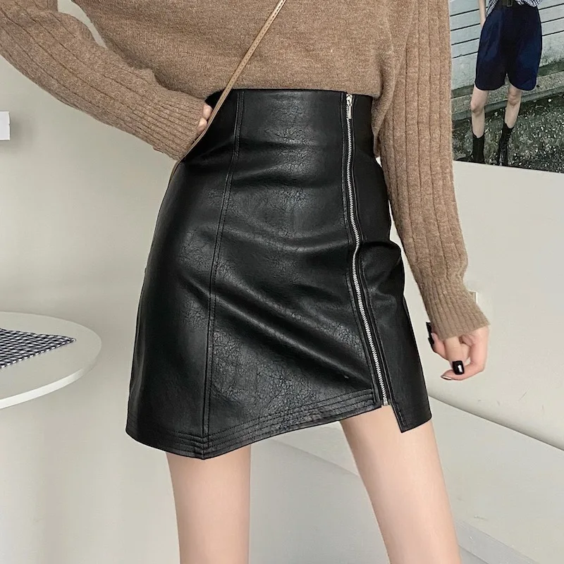 2021 New Women Black PU Leather Pencil Wrap Skirts Autumn Winter High Waist Zipper Front Split Sheath Long Skirts Female