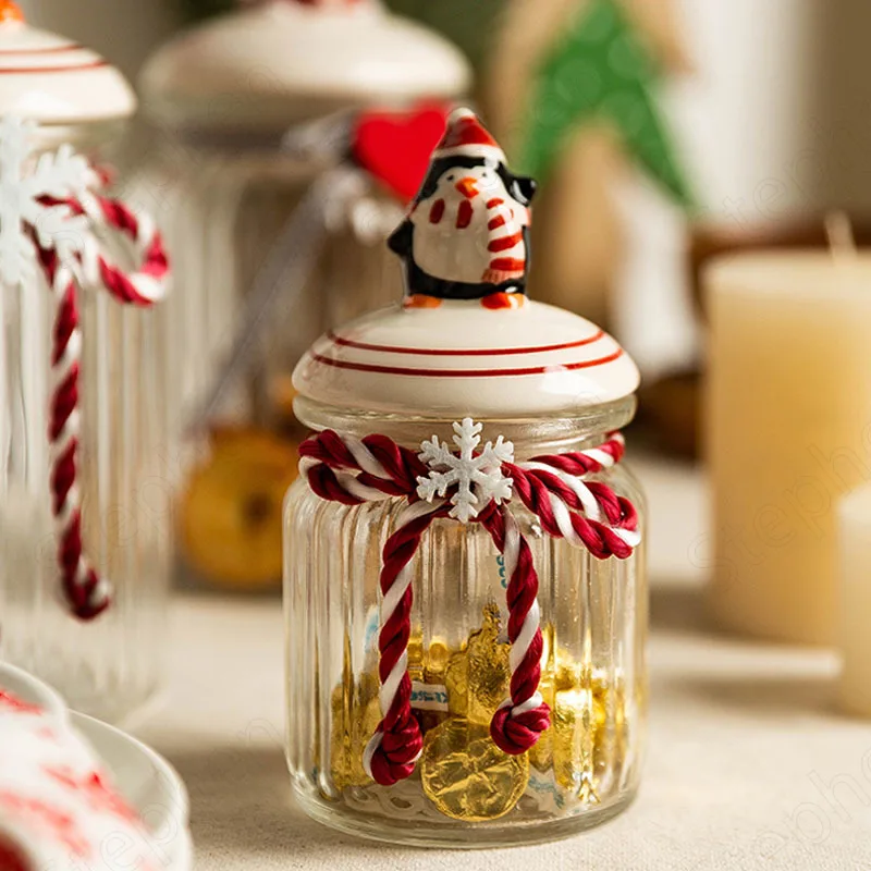 Christmas Glass Bottle European Modern Santa Claus Decorative Grain Dispenser Candy Snack Storage Jar with Lid Kitchen Organizer