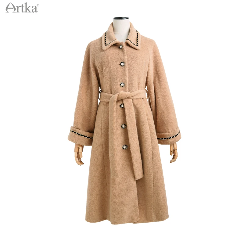 ARTKA 2021 Winter New Women Woolen Coat Elegant Vintage Ribbon Loose Woolen Coats Long Thicken Woolen Outwear With Belt FA20112D