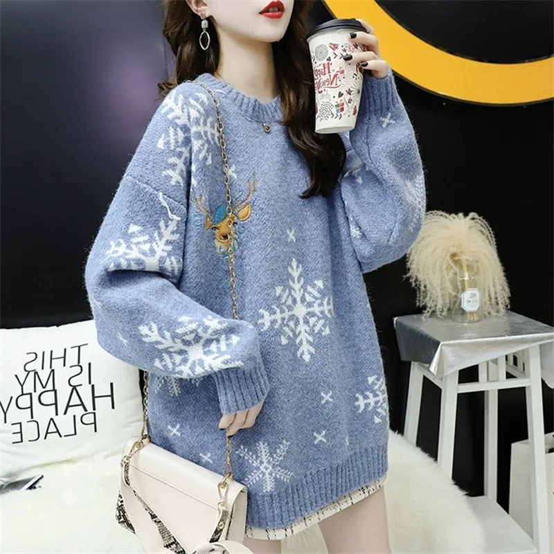 Christmas Elk Sweater Women New Style Autumn Winter Embroidered Pullover Loose Sweater Jacket All-match Thicken Top Fall Women