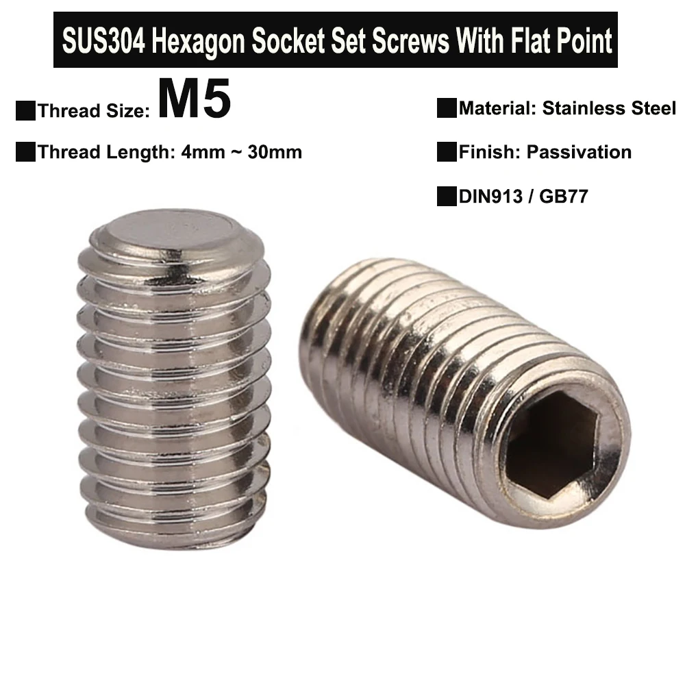 50Pcs/20Pcs/10Pcs M5x4mm~30mm SUS304 Stainless Steel Hexagon Socket Set Screws With Flat Point Headless Screw Grub Screws DIN913