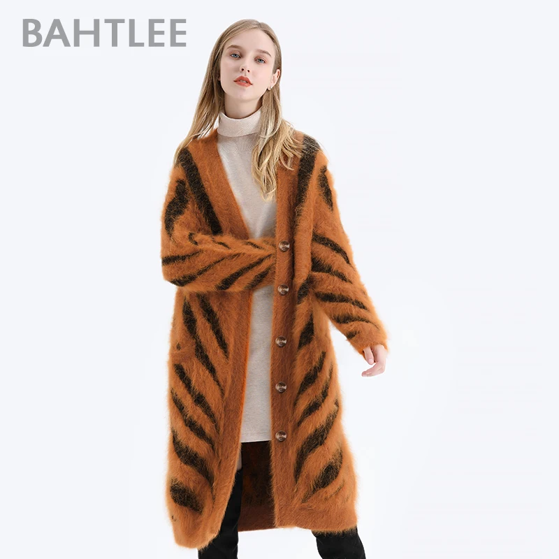 BAHTLEE-Women\'s Long Cardigans, Angora,Tiger Stripe, Leopard Pattern, Wool Knitted Coat, Open Stitch Jumper, Winter