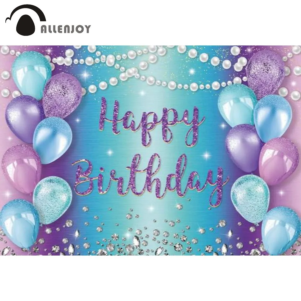 

Allenjoy Happy Birthday Baby Shower Party Purple Backdrop Balloons Pearl Diamond Dots Banner Glitter Photophone Background