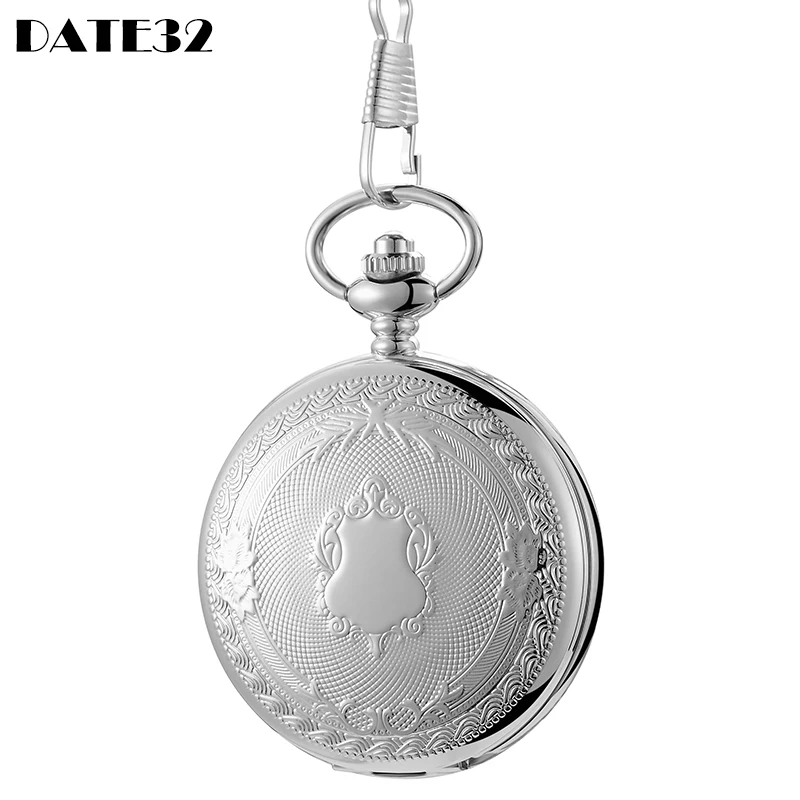

Vintage Pendant Quartz Pocket Watch Male Luxury Engraved Sliver Case Roman Numerals Dial Clip Fob Chain Clock for Men Women Gift