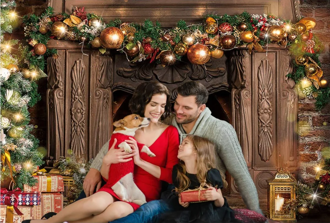 Fondo de chimenea Vintage de Navidad, telón de fondo con purpurina, árbol de Navidad, regalo, Candyland, fotografía, fiesta de invierno, fotomatón