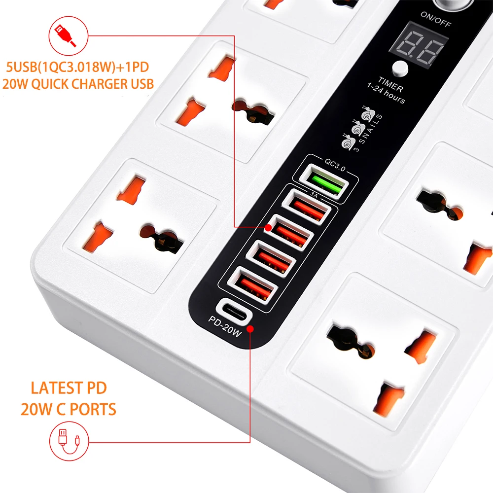 Multiprise USB PD QC3.0, chargeur rapide, avec interrupteur, Extension universelle à 6 prises ca, avec minuterie, 3000W