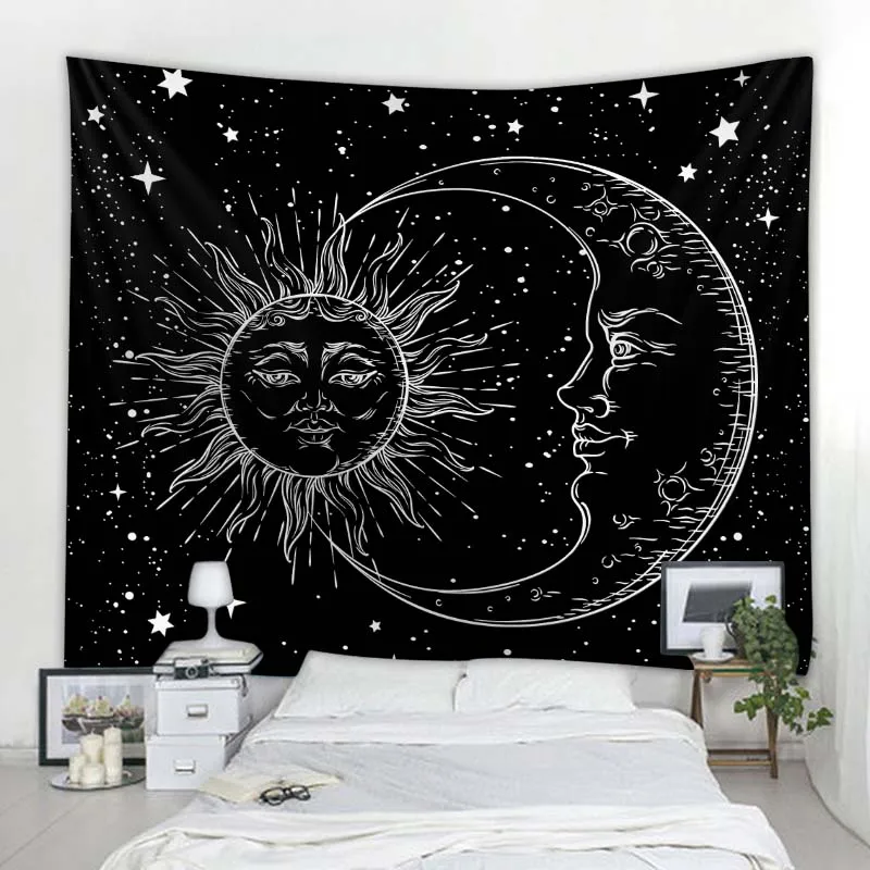 Black and white printing tapestry sun moon mandala witchcraft wall hanging hippie room decoration psychedelic wall decoration