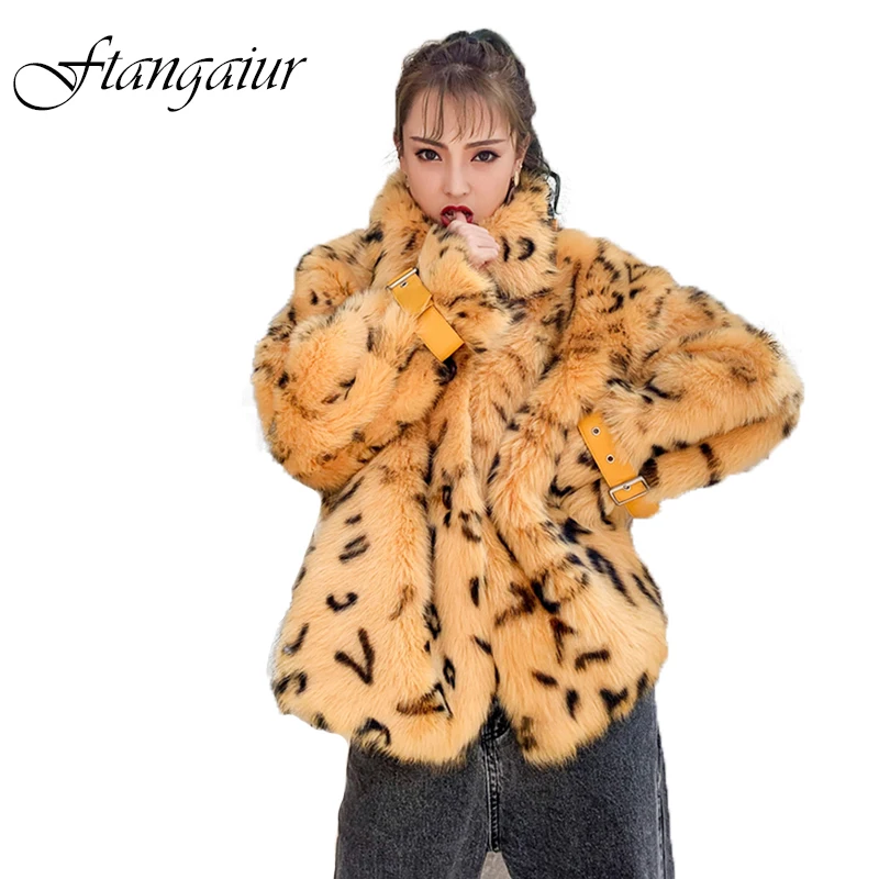 

FTangaiur New Imported Tuscan Wool leather fur Coat Turn-Down Collar Leopard Slim Women Medium Real Tuscan Wool fur One Coats