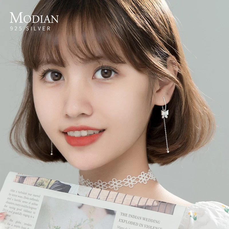 Modian-Boucles d'oreilles transparentes en argent regardé 925 pour femme, bijoux fins, perles de phtalpapillon, pompon boule, goutte d'eau, doux et exquis, CZ, nouveau