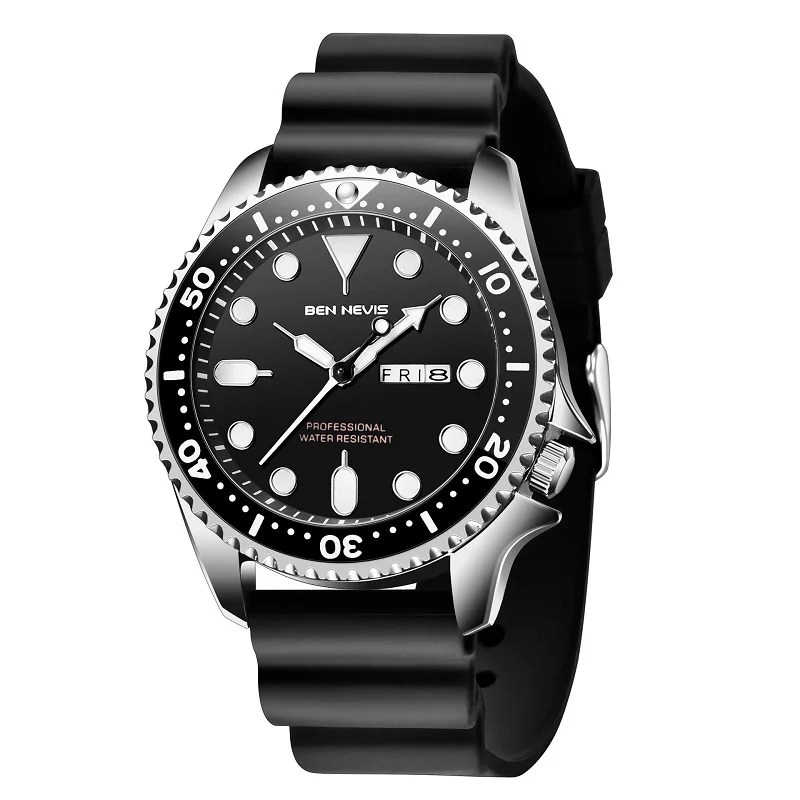 BEN NEVIS Rotatable Case Watch Men Luminous Hands Military Waterproof Wristwatch Date Week Rubber Strap Watch Men Wrist BN3017G