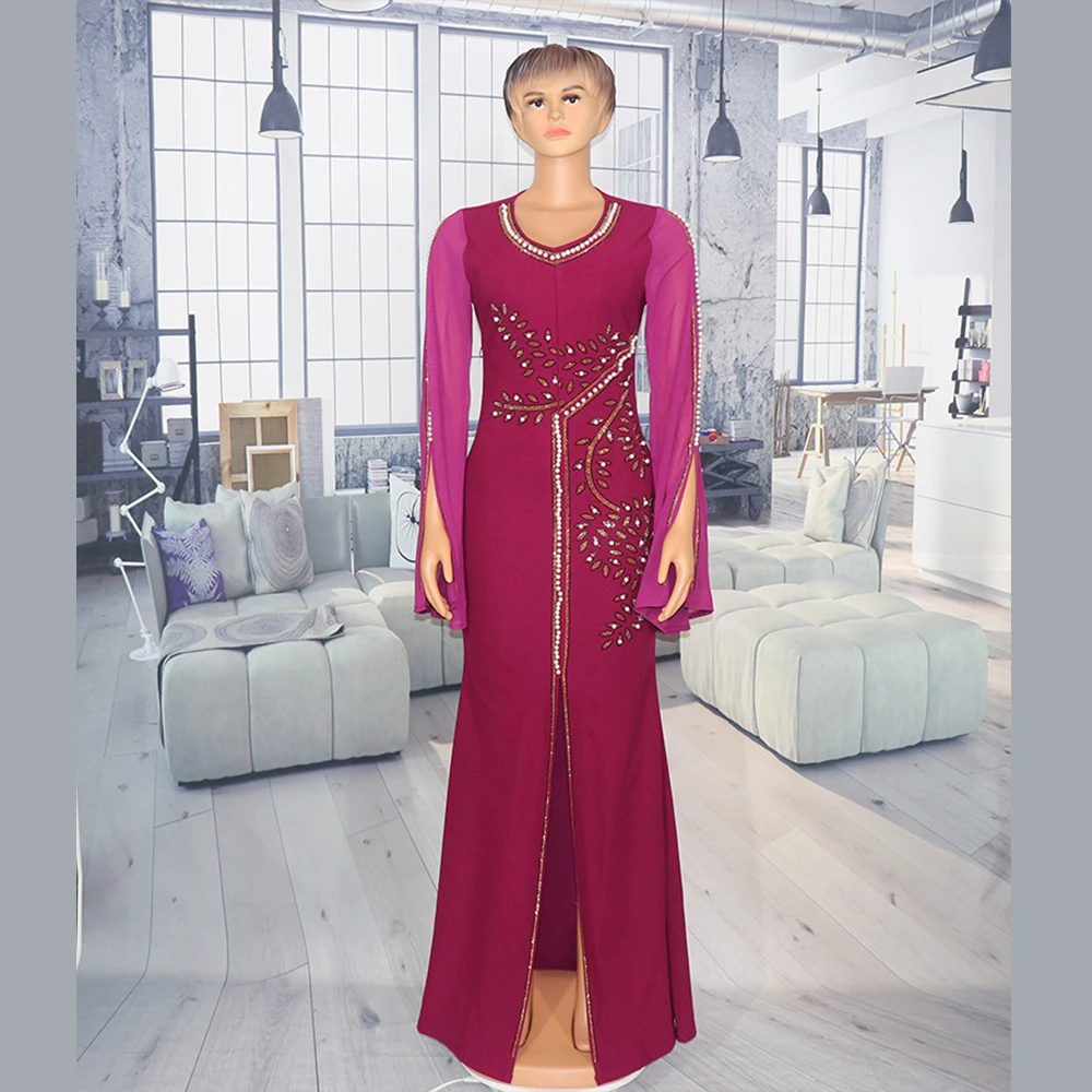 African Woman Dress Elegant Trumpet Sleeve Fashion Hot Fix Rhinestone Mermaid Dress Plus Size Elastic Long Dress