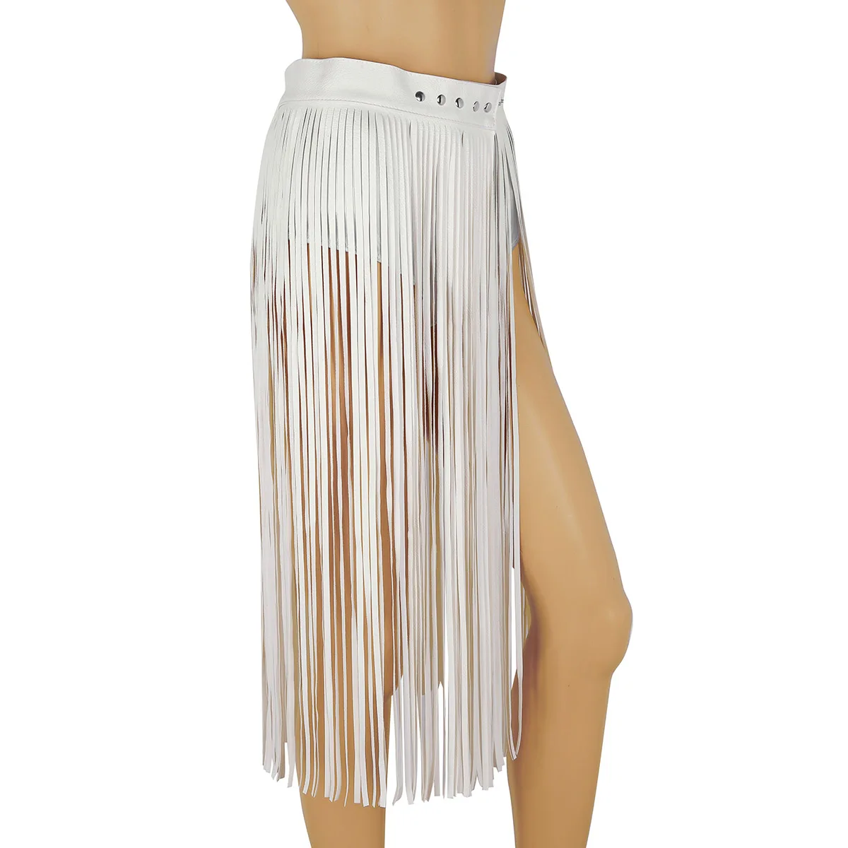 Fashion Women Faux Leather Fringe Tassel Skirt Punk Gothic Clubwear Party Stage Performance Festival Rave Dance Skirts Costume