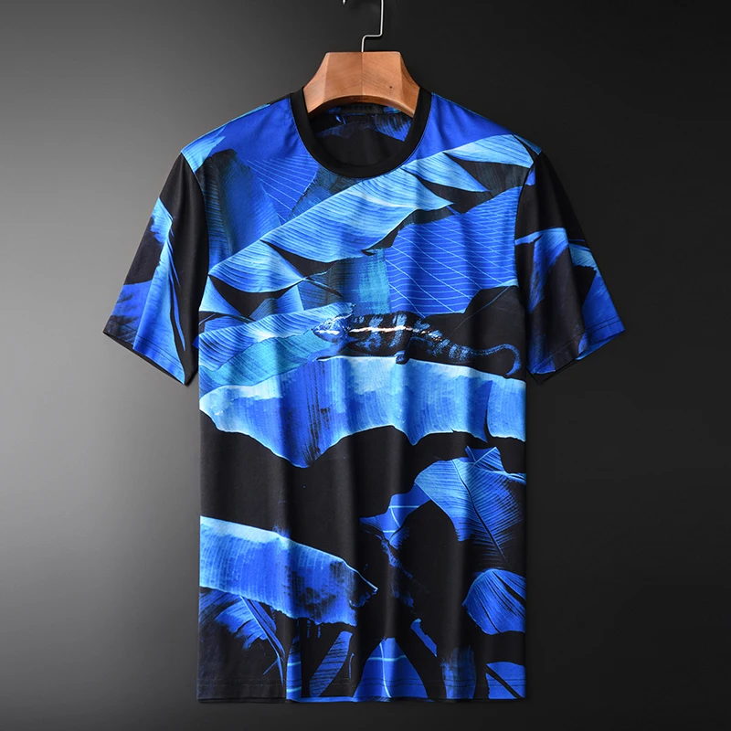 

100% Cotton Mens Luxury Allover Printed Blue Short Sleeve Men Plus Size 4xl Slim Fit T-shirts Man