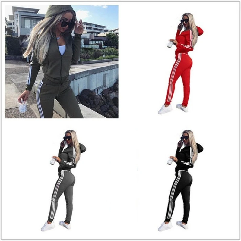 Autumn Casual Sweatshirt Women 2-Piece Sets Zip Up Hoodie Short Sweater + Solid  Side Striped Sports Pants Jogging Pants Women