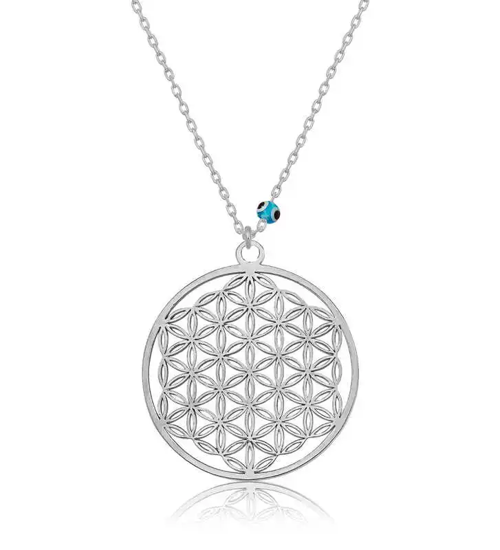 Silver Evil Eye Eyes Flower of Life Necklace 925 Sterling Women Fine Jewelry Wedding Party Birthday Gift - Box - Pendant - Chain Choker - Female - Ladies - Fashion