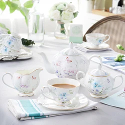 European-style Ceramic Coffee Pot Coffee Cup Saucer Sugar Bowl Milk Jug Set 15-piece Set Butterfly Flower Print Teapot Teacup