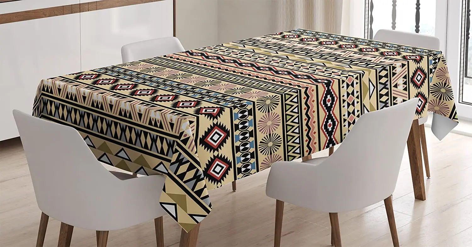 

Traditional South American Culture Aztec Tribal Print in Retro Soft Color Custom Table Cover for Dining Room Kitchen